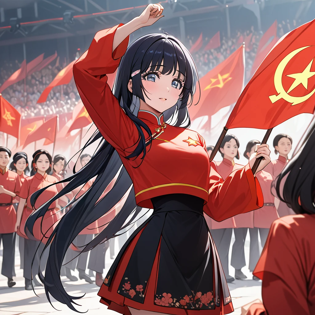 ((Highest quality)), ((masterpiece)), (detailed), (Perfect Face)、The woman is Aoki Reika, has medium-long hair and is a member of the Chinese Communist Party.、The woman is wearing a Chinese Communist Party folk dance costume and performing with members at a Communist Party rally.