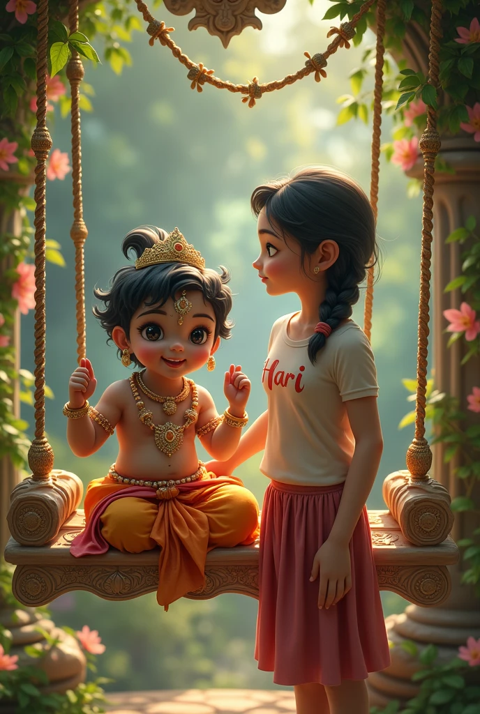 Can you generate an image of Lord baby Krishna sitting on a swing with a girl standing next to him, wearing a t-shirt with the name 'HARI' on it?