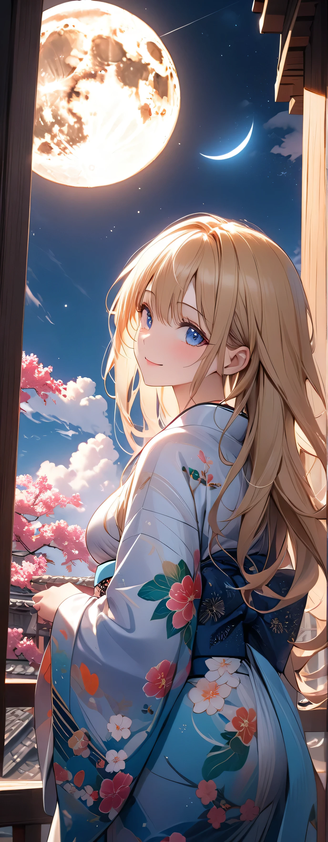 beautiful girl: 1.3),1girl,masterpiece, Highest quality, Ultra-high resolution,Rich contrast,super high quality,8k,Highly detailed CG unit wallpaper,texture,Unbelievably absurd,Ultra-high resolution,RAW Photos,Depth of Field 1.2,(Beautiful and detailed kimono),smile,Light blue eyes,Very fine eye,bigeyes,Droopy eyes,White skin,blonde,Long Hair,moon between the clouds,stardust,,mystic glow,phantom moon,(from behind:1.8), (Gazing-into-the-Distance:1.3),(Looking Up 1.3),Veranda,seiza,She is gazing at the moon,voluptuous