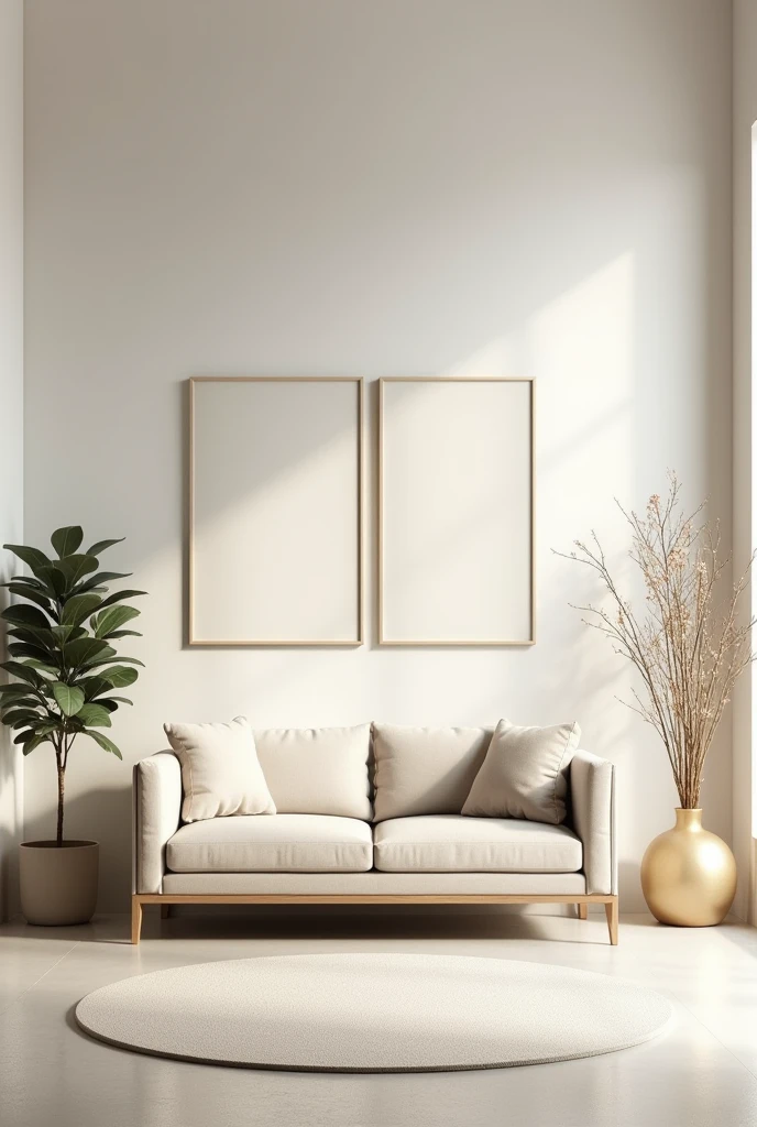 Generate a wide-angle view of a minimalist living room furnished with a single sofa, wall paintings, and subtle decor like leaves and flowers. The room should be simple yet elegant, with the focus on the overall space rather than close-up details. The view should capture the sofa, paintings on the wall, and floral decor in a well-balanced layout.