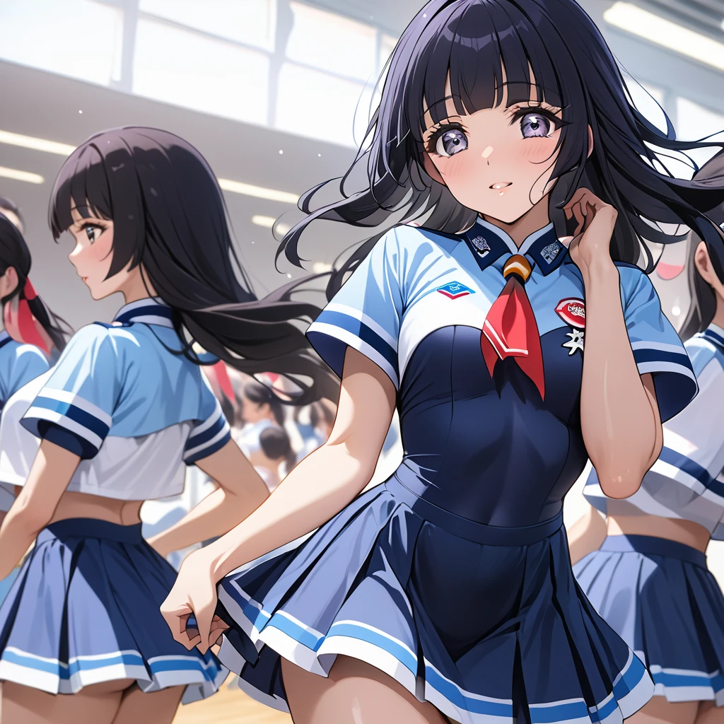 ((Highest quality)), ((masterpiece)), (detailed), (Perfect Face)、The woman is Reika Aoki with semi-long hair、The woman is a member of the North Korean Joy Squad and is performing a dance in a Joy Squad dance costume.