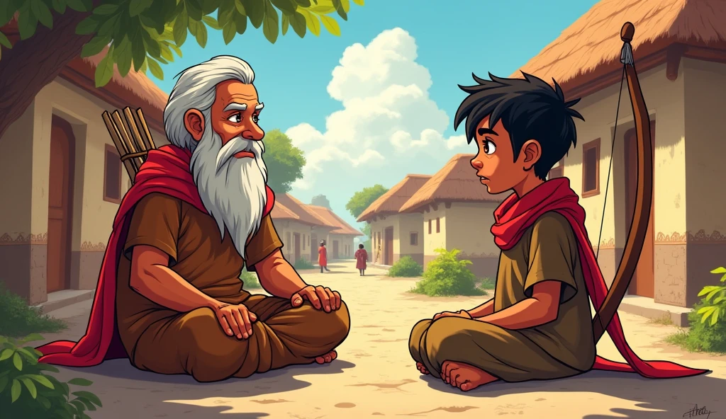 Arav hearing about Sage Bhaskar: Comic style. Arav a fighter sits in a small village, dressed in a simple brown tunic with his red scarf, listening intently to an elderly villager. His face shows curiosity and hope. His bow rests beside him, and his short black hair is neatly tied.
Use the same previous face for arav 