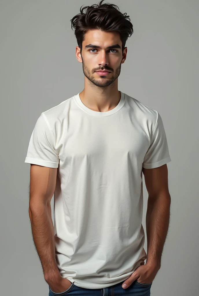 Create realistic photo, young guy 2 of European appearance looking forward to the camera, full-face, ultra-drawing of the face, blue eyes, dark hair, stylish haircut, masculine face, premium quality, best resolution, full-length, wearing a T-shirt and jeans