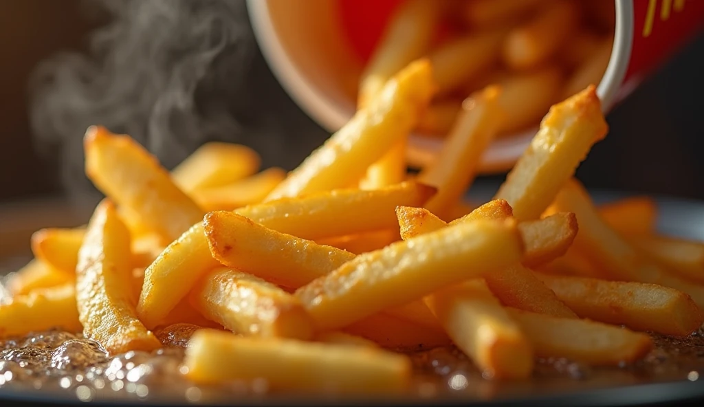 A hyper-realistic, high-contrast, 8K HD, ultra-detailed close-up shot of golden, crispy fries being lifted from hot oil in slow motion. The fries are perfectly cooked, with a golden-brown color, capturing the exact moment when they rise from the bubbling oil, dripping with deliciousness. The scene is accompanied by the crunch of the fries, with a subtle steam rising, emphasizing their freshly cooked nature. The background is blurred to keep the focus entirely on the fries, with the iconic 'W' logo subtly visible in the corner, reminiscent of the famous fast-food chain. The lighting is warm and inviting, enhancing the rich color of the fries, making them look irresistibly tasty.