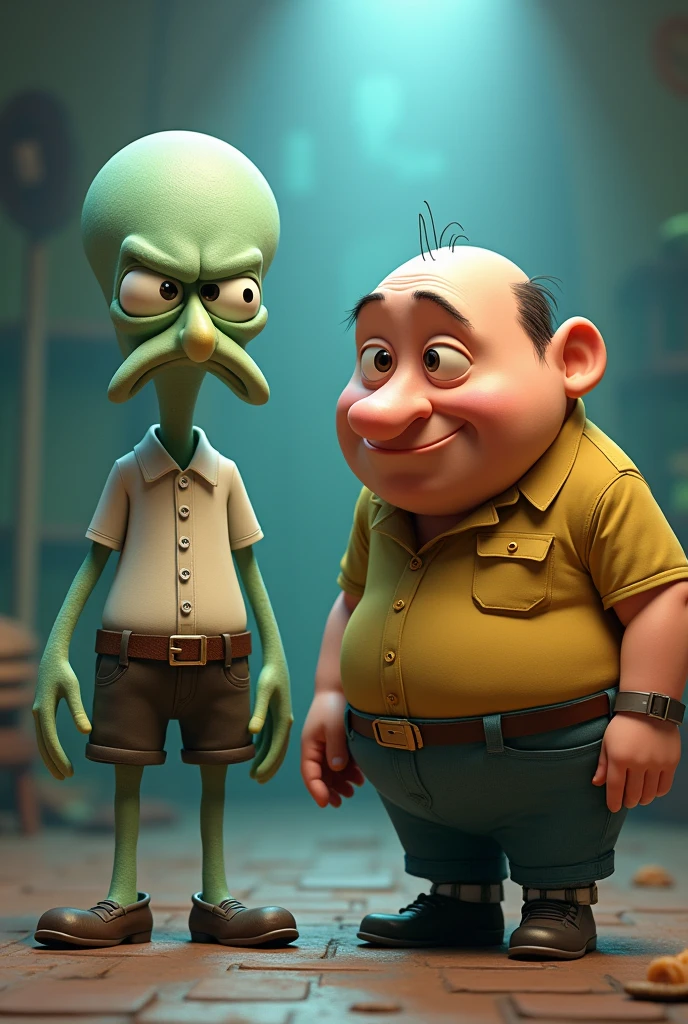 Squidward next to Gru from the minions