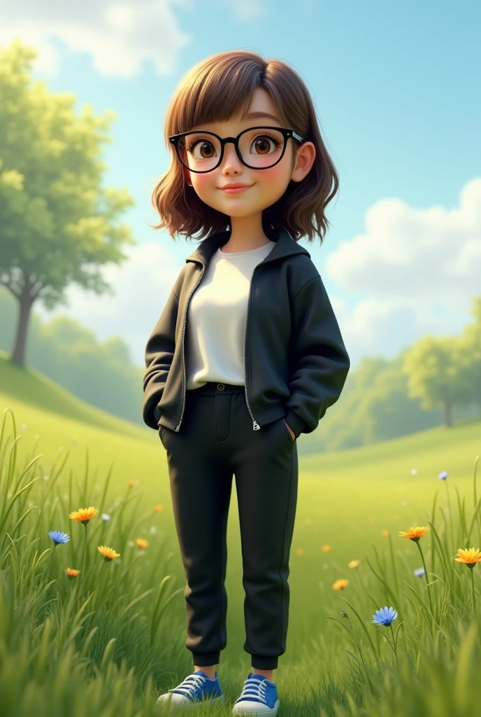 Create a photo of a person standing on a field and with 1.60 tall with light brown eyes, white skin with a slightly round face with hair combed down with an almost brown color and with a black and white outfit with blue shoes, 20 years old female ultra realistic With glasses curly hair with an adult appearance 