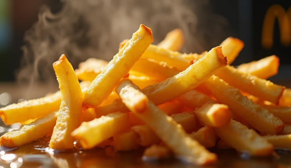 A hyper-realistic, high-contrast, 8K HD, ultra-detailed close-up shot of golden, crispy fries being lifted from hot oil in slow motion. The fries are perfectly cooked, with a golden-brown color, capturing the exact moment when they rise from the bubbling oil, dripping with deliciousness. The scene is accompanied by the crunch of the fries, with a subtle steam rising, emphasizing their freshly cooked nature. The background is blurred to keep the focus entirely on the fries, with the iconic 'W' logo subtly visible in the corner, reminiscent of the famous fast-food chain. The lighting is warm and inviting, enhancing the rich color of the fries, making them look irresistibly tasty.