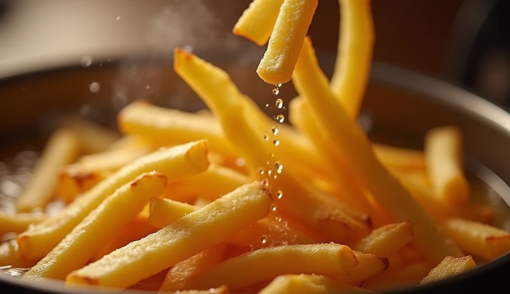 A hyper-realistic, high-contrast, 8K HD, ultra-detailed close-up shot of golden, crispy fries being lifted from hot oil in slow motion. The fries are perfectly cooked, with a golden-brown color, capturing the exact moment when they rise from the bubbling oil, dripping with deliciousness. The scene is accompanied by the crunch of the fries, with a subtle steam rising, emphasizing their freshly cooked nature. The background is blurred to keep the focus entirely on the fries, with the iconic 'W' logo subtly visible in the corner, reminiscent of the famous fast-food chain. The lighting is warm and inviting, enhancing the rich color of the fries, making them look irresistibly tasty.