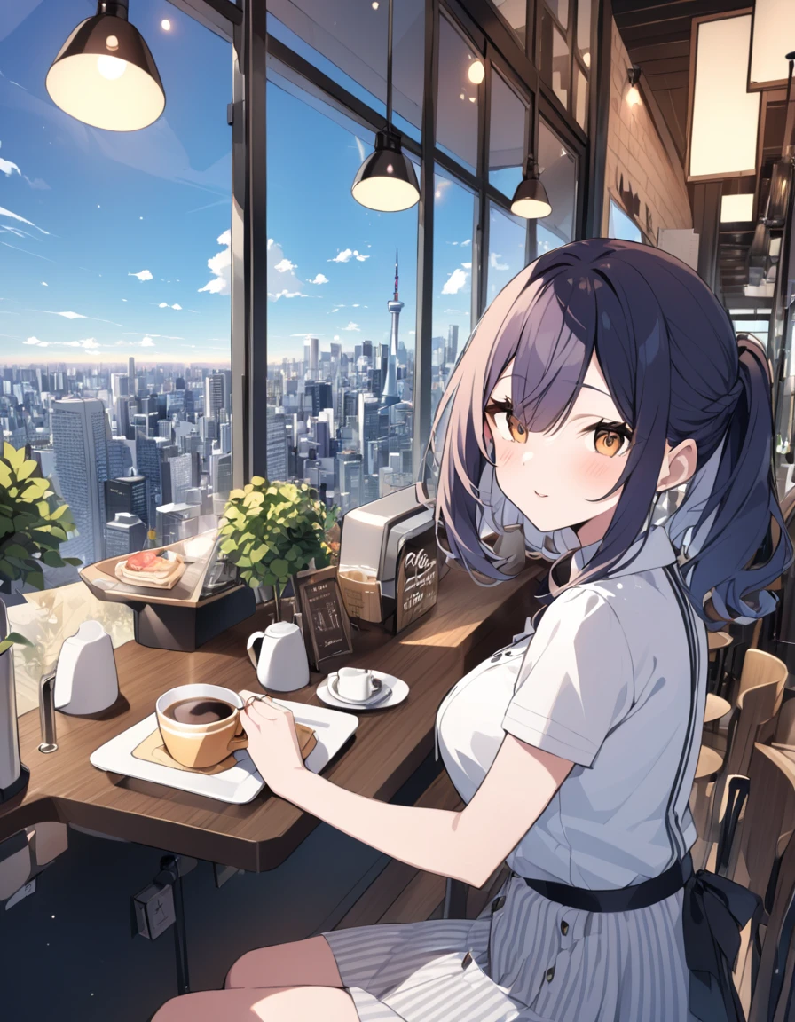 A woman in a cafe with a view of downtown Tokyo