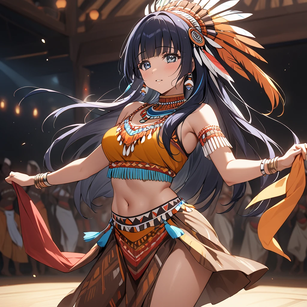 ((Highest quality)), ((masterpiece)), (detailed), (Perfect Face)、The woman is Aoki Reika, a tribal dancer with medium-long hair.、The woman is wearing a primitive tribal dance costume and is dancing a tribal dance.、night