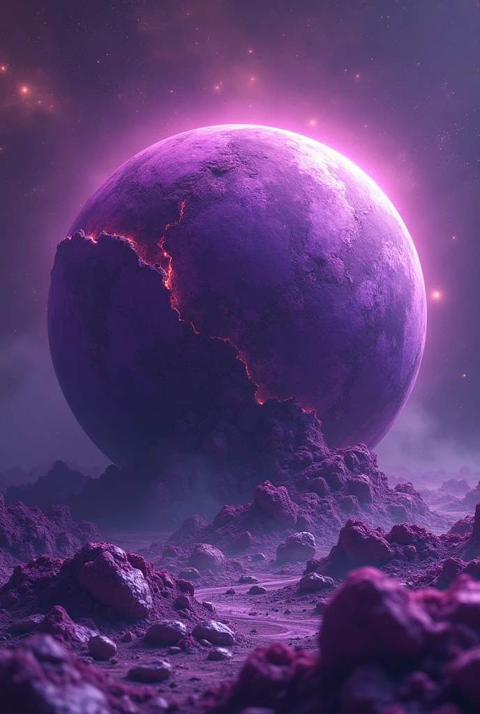 Planet with shades of purple, and part of it is destroyed and half fragmented