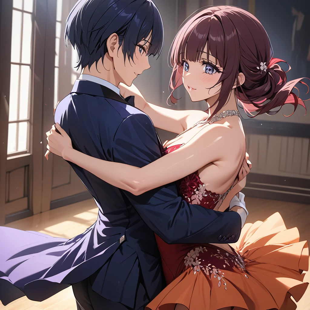 ((Highest quality)), ((masterpiece)), (detailed), （Perfect Face）、The woman is Reika Aoki with semi-long hair、A woman is dancing tango in a beautiful gorgeous tango costume