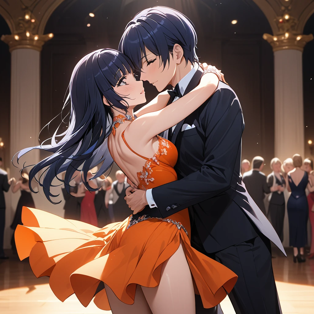 ((Highest quality)), ((masterpiece)), (detailed), (Perfect Face)、The woman is Reika Aoki with semi-long hair、A woman is dancing tango in a beautiful gorgeous tango costume