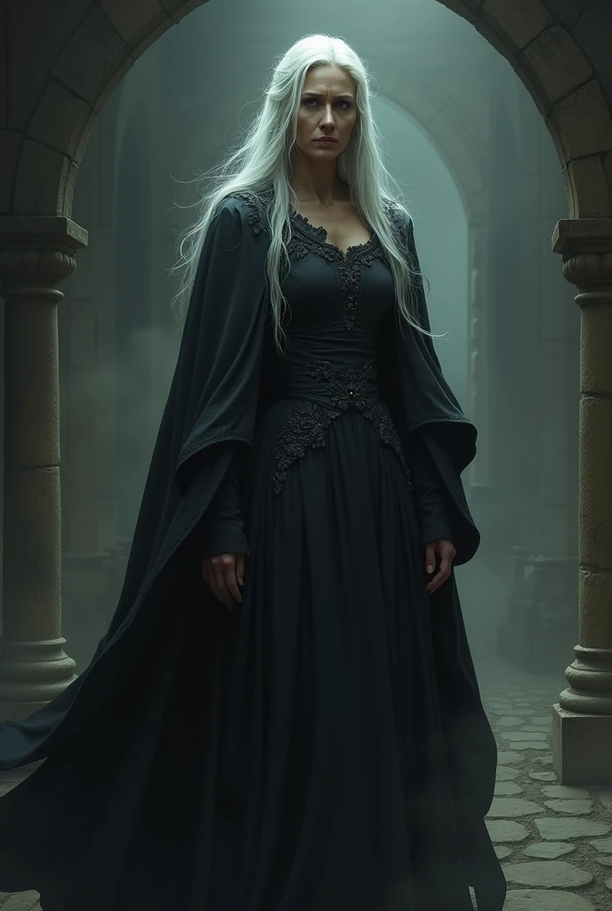 woman, White hair, dark medieval clothes, what