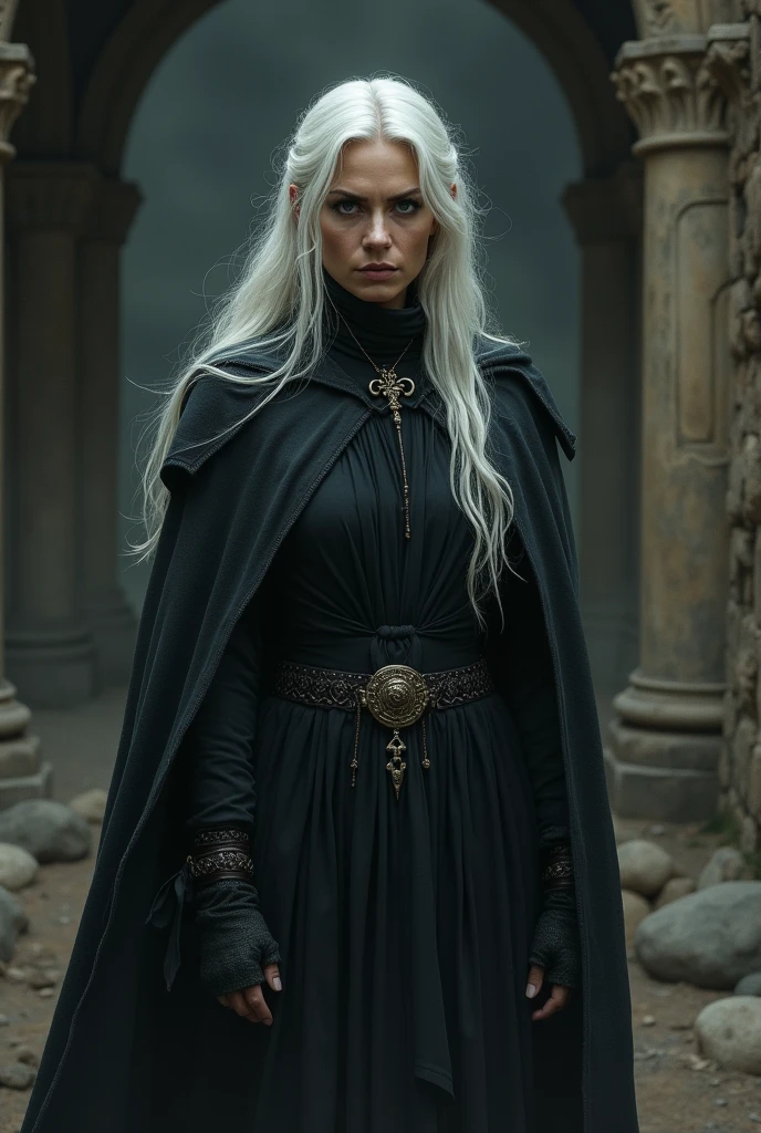 woman, White hair, dark medieval clothes, what