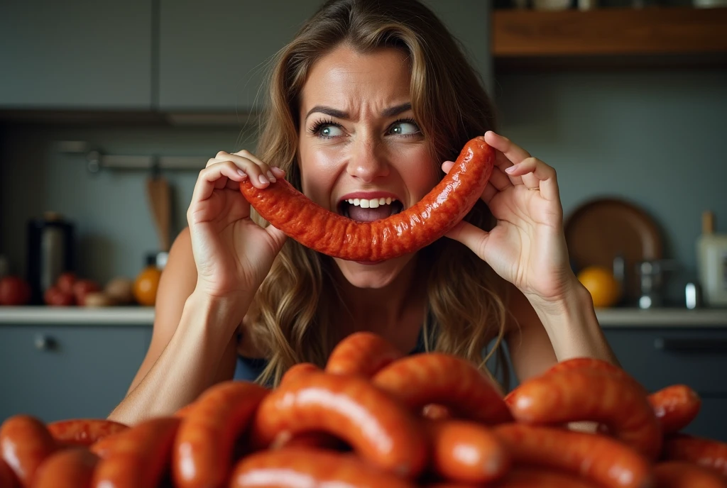 put sausage in mouth,painful expression,Heaps of sausages in both hands,muscular woman Eating penis shaped sausage battle contest,in kitchen stadium,