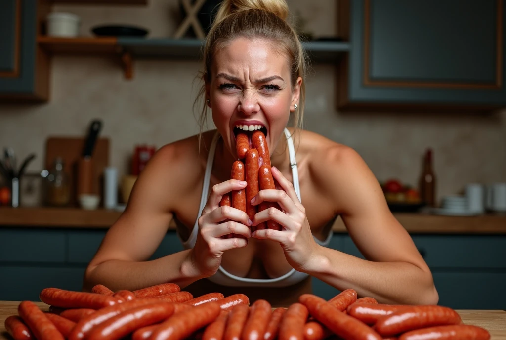 put sausage in mouth,painful expression,Heaps of sausages in both hands,muscular woman Eating penis shaped sausage battle contest,in kitchen stadium,