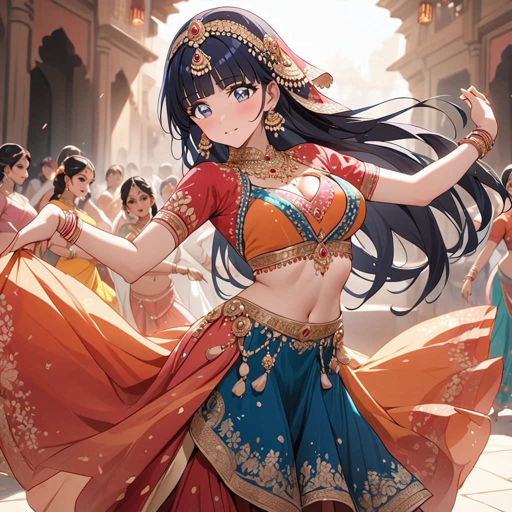 ((Highest quality)), ((masterpiece)), (detailed), (Perfect Face)、The woman is Reika Aoki with semi-long hair、A woman is dancing Bollywood dance in a Bollywood costume in India