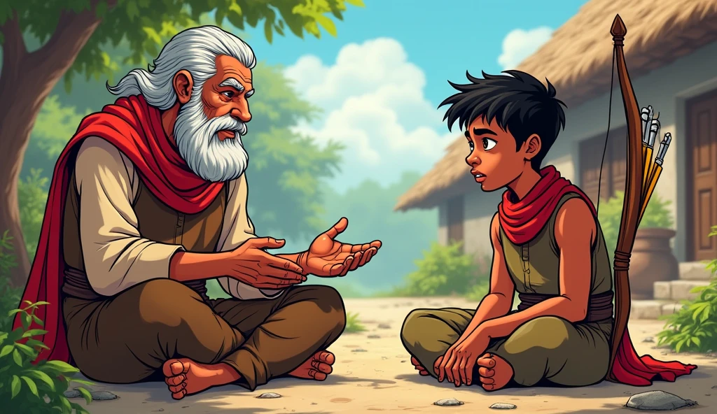 Arav hearing about Sage Bhaskar: Comic style. Arav a brave fighter sits in a small village, dressed in a simple brown tunic with his red scarf, listening intently to an elderly villager. His face shows curiosity and hope. His bow rests beside him, and his short black hair is neatly tied.
Use the same previous face for arav