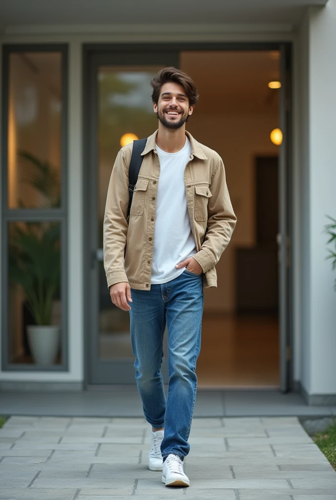 A young college boy who looks cheerful is walking out of a private hospital.