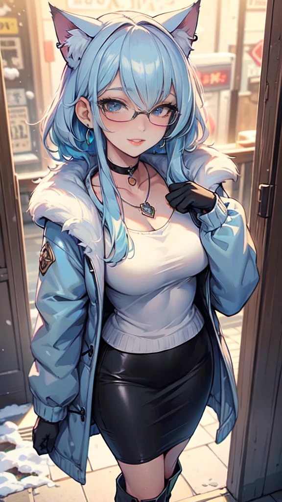 Masterpiece, beautiful art, professional artist, 8k, art style by sciamano240, very detailed face, very detailed hair, very detailed clothes, 1girl, perfectly drawn body, beautiful face, long hair, light blue hair , very detailed blue vertical cat eyes, square glasses, pouty lips , rosey cheeks, intricate details in eyes, extreme close up of face, see only head and neck, staring directly at viewer, wearing cute winter clothes, winter coat, necklace, choker, earrings, gloves, pencil skirt, black tigh boots, some freckles, big wide grin, in love with the viewer expression, sunny winter setting, walking outside,