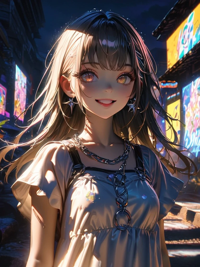 1 person, chromatic aberration, Written boundary depth, Soft Light, masterpiece, Highest quality, complicated, Tone Mapping, A place where fireworks are set off at festivals. Concept Art, Smooth, Clear focus, Dramatic lighting, Very cinematic, super practical painting, アートステーション's trending, 8k, Incredible Shadows, practical, whole body, View, Viewers, Portrait of a Girl 1, standing on street corner, Heavy rain and lightning、Dark Sky, neon and cyber punk background, she is dressed in punk clothing with silver chains and silver spikes, Her hair was dyed light brown.....................Ominous aura of light, smile, punk, ciber punk, Backlight.Fashionable clothes、Friendly dress code: wearing cute white dress.My breasts are a little big