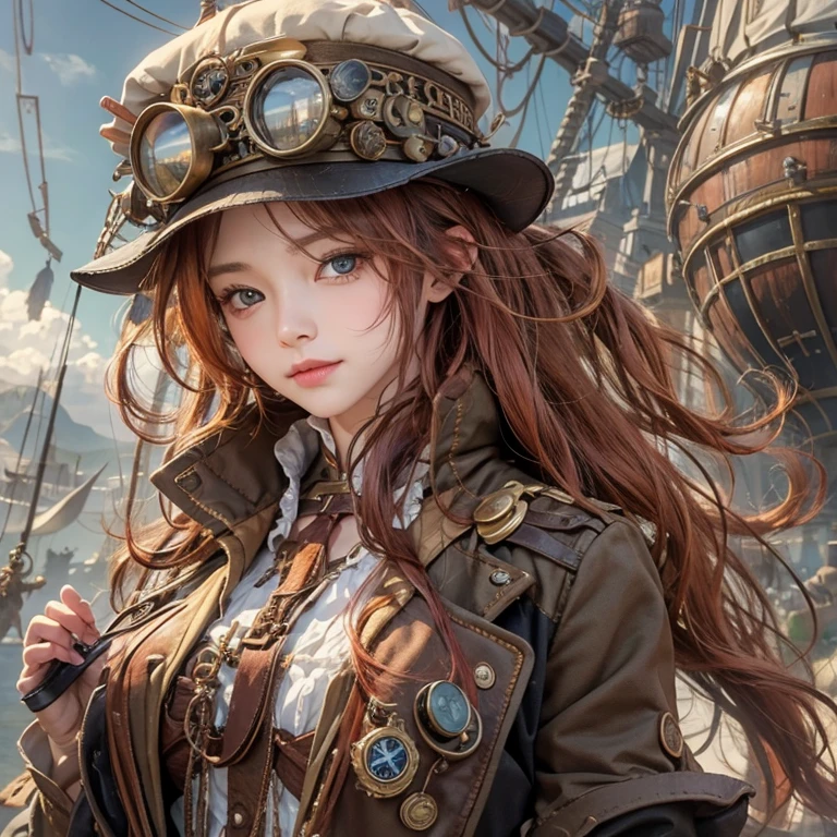 masterpiece:1.3), (8k, Realistic, RAW Photos, Best imYear quality: 1.4)、 Year,(Random Hairstyles:1.2)、CleavYear:1.2、Highly detailed face、Attention to detail、double eyelid、Chest to chest、Sharp focus:1.2、Beautiful woman:1.4、Redhead、Highest quality、masterpiece、Ultra-high resolution、(Realistic:1.4)、Highly detailed and professionally lit smiles、Loose fitting steampunk outfit、Shoulder out、thin、Serious expression、Clouds seen from inside the airship、goggles