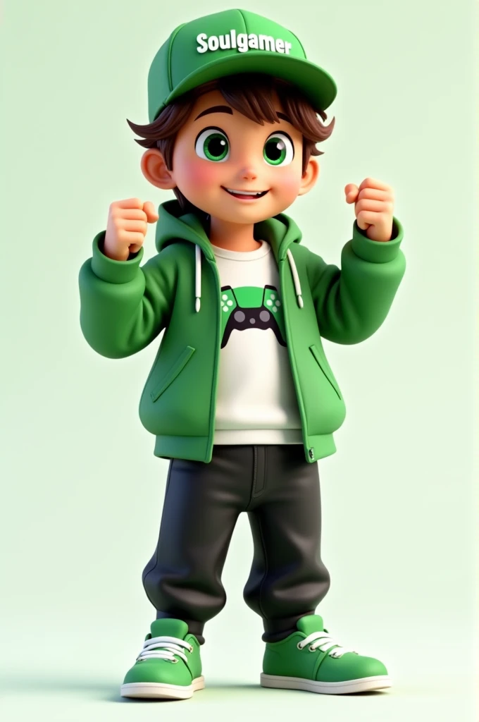Create a 3D male influencer character approximately 1 with a youthful appearance . He is tall. His facial expression is friendly and smiling., with big green eyes that convey a sense of curiosity and joy. your hair is short, brown in color and slightly disheveled, visible under the CAP. His cap is green and has the word "Soulgamer" printed on the front. He wears a white T-shirt with a PS5 controller image printed on it.. He wears a hooded jacket over a white t-shirt and matching cap.. He wears loose black pants that fit comfortably over green sneakers that match his jacket and cap., with white shoelaces tied tightly. He is standing with the fist of one of his hands clenched while the fist of his other hand is raised as if in celebration.. 
add gamer elements to the character.