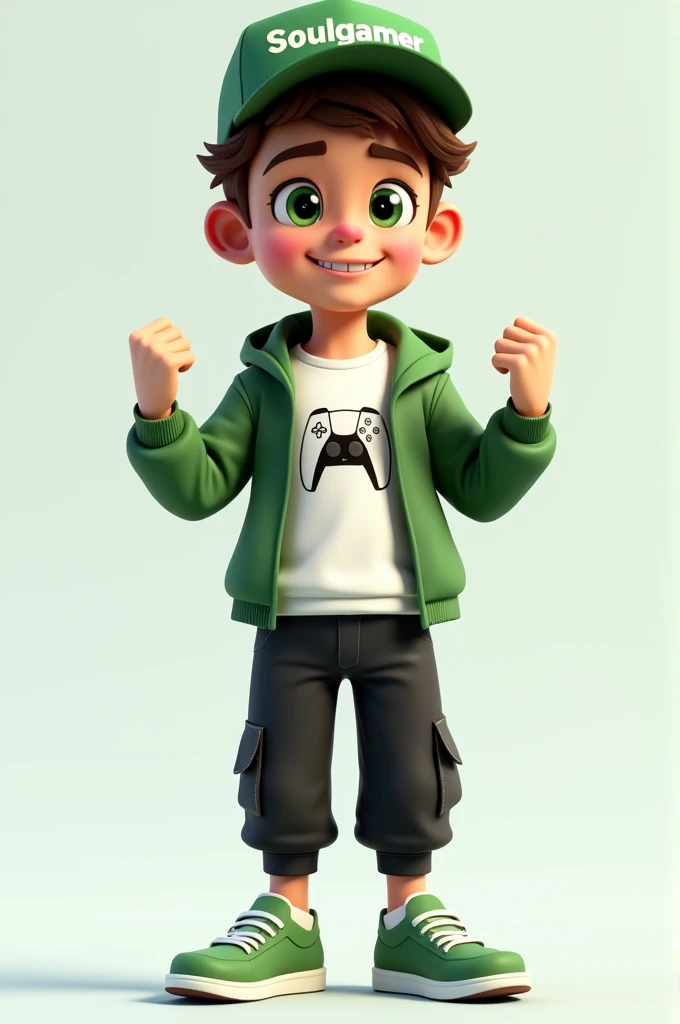 Create a 3D male influencer character approximately 1 with a youthful appearance . He is tall. His facial expression is friendly and smiling., with big green eyes that convey a sense of curiosity and joy. your hair is short, brown in color and slightly disheveled, visible under the CAP. His cap is green and has the word "Soulgamer" printed on the front. He wears a white T-shirt with a PS5 controller image printed on it.. He wears a hooded jacket over a white t-shirt and matching cap.. He wears loose black pants that fit comfortably over green sneakers that match his jacket and cap., with white shoelaces tied tightly. He is standing with the fist of one of his hands clenched while the fist of his other hand is raised as if in celebration.. 
add gamer elements to the character.