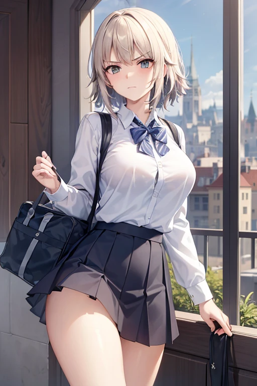 ((masterpiece, Highest quality,Clear image)), One person,alone, Joan of Arc Horta, Large Breasts,high school girl,school uniform, Pleated skirt, Seraphim, White shirt, Black Skirt, View your viewers,Are standing,Carrying a school_bag, Cowboy Shot, city, building, Beautiful sky、Modest breast size,With a cool atmosphere,with a displeased look