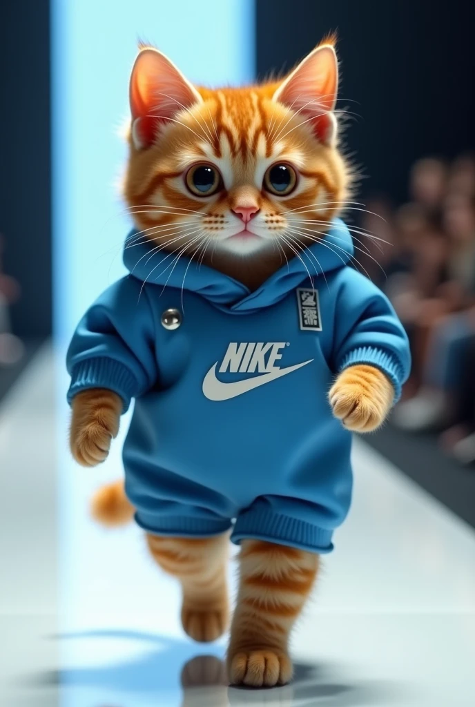 (photorealism:1.2), cute ginger cat, wear blue nike astronaut dress, walking on runway