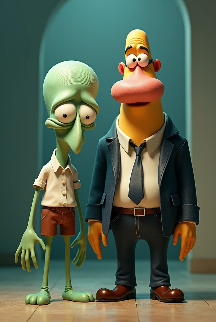 you can draw squidward, next to Capulina(Gaspar Henaine Mexican comedian) (a fat man with a mustache and no beard), with a sports shirt, yellow and denim pants, in a office, realistically
