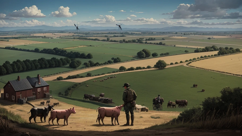 Create an image divided in half to represent the theme of George Orwell's 'Animal Farm.' On the left side, depict the original farm with a simple and traditional setting, where the animals appear oppressed by humans. On the right side, show the farm after the revolution with a more militaristic and authoritarian style, with animals in control. Feature a pig in a position of authority, dressed in military-like clothing to symbolize power and corruption. Include a board with the original commandment 'All Animals Are Equal' and its altered version to reflect the corruption of ideals. The overall atmosphere should be dark, with shadows and a sense of oppression. Add details such as a windmill and a table with manipulated statistics to enhance the context.