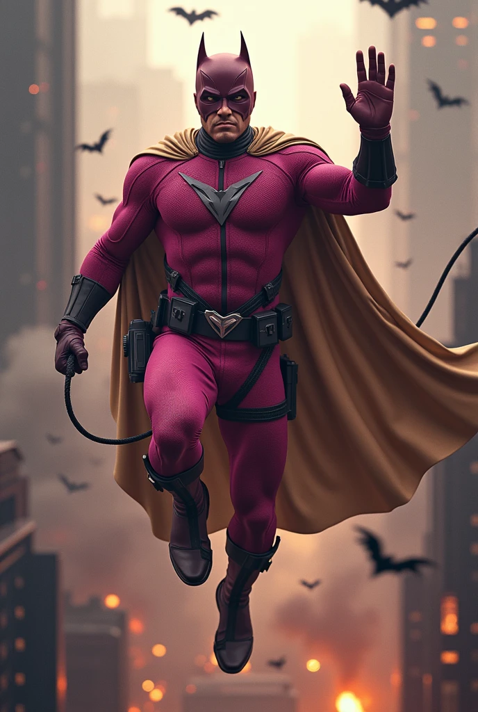 Malaysia man in high-tech suit, vivid effects, malaysian superhero (KELUANG MAN) in a striking pink and beige costume cyberpunk design, mask small mini bat ear beige, daredevil beige mask, jumpsuit dark pink stands confidently in a dramatic.jumping from high place.hero costume.one hand rise up. Big triangle logo on the chest.high detail Punisher logo on the chest. Fighting pose , stormy landscape. ((Head covered node guard like batman. Running pose , athletic body type, small mini ear bat mask))The character wears domino mask a helmet with pointed mini torn ears and a flowing cape biege, open nose and mouth. Equipped with visible futuristic weapons on a belt,bullet proof jacket pink dark day.show fingers pose, dark night, big supermoon effect . Small logo on chest triangle shape small punisher logo center(( skull triangle Casey Jones mask shape logo)) center on chest pink logo mini logo . rocky. Building top.smoke ground , bomb effect background, losse pants, losses costume.adding to --ar 3:4 --style raw --stylize 500 --v 6.1. chaos. Lot of small flying bat. One leg on the high stone. Man. Wear hologram watch.. Real man age 40 year old. One hand holding belt.one hand holding black rope hanging on building. Big pant pink. Beige cape joodie.(( Loose pant)) , jump on high building)marvel , X-Men.