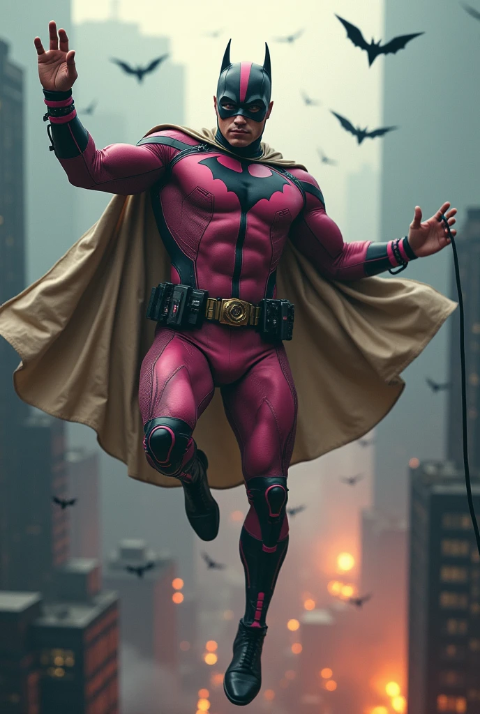 Malaysia man in high-tech suit, vivid effects, malaysian superhero (KELUANG MAN) in a striking pink and beige costume cyberpunk design, mask small mini bat ear beige, daredevil beige mask, jumpsuit dark pink stands confidently in a dramatic.jumping from high place.hero costume.one hand rise up. Big triangle logo on the chest.high detail Punisher logo on the chest. Fighting pose , stormy landscape. ((Head covered node guard like batman. Running pose , athletic body type, small mini ear bat mask))The character wears domino mask a helmet with pointed mini torn ears and a flowing cape biege, open nose and mouth. Equipped with visible futuristic weapons on a belt,bullet proof jacket pink dark day.show fingers pose, dark night, big supermoon effect . Small logo on chest triangle shape small punisher logo center(( skull triangle Casey Jones mask shape logo)) center on chest pink logo mini logo . rocky. Building top.smoke ground , bomb effect background, losse pants, losses costume.adding to --ar 3:4 --style raw --stylize 500 --v 6.1. chaos. Lot of small flying bat. One leg on the high stone. Man. Wear hologram watch.. Real man age 40 year old. One hand holding belt.one hand holding black rope hanging on building. Big pant pink. Beige cape joodie.(( Loose pant)) , jump on high building)marvel , X-Men.
