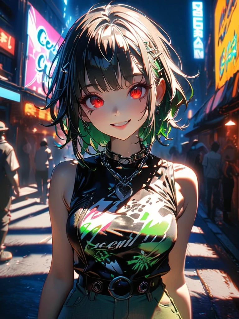1 person, chromatic aberration, Written boundary depth, Soft Light, masterpiece, Highest quality, complicated, Tone Mapping, A place where fireworks are set off at festivals. Concept Art, Smooth, Clear focus, Dramatic lighting, Very cinematic, super practical painting, アートステーション's trending, 8k, Incredible Shadows, practical, whole body, View, Viewers, Portrait of a Girl 1, standing on street corner, Heavy rain and lightning、Dark Sky, neon and cyber punk background, she is dressed in punk clothing with silver chains and silver spikes, Her hair was dyed a bright black color..........Ominous aura of light, smile, punk, ciber punk, Backlight.Fashionable clothes、Friendly dress code:Stylish green sleeveless denim style.My breasts are a little big.Beautiful red eyes