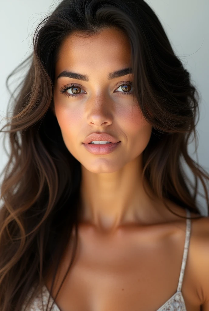 Realistic portrait of a beautiful 1 girl with Latin features, Lightly tanned white skin with a beautiful tan tone, Brown eyes, long dark hair. beautiful girl model body. regular well formed tits, detailed facial features. ultra realism, maximum resolution, masterpiece. extremely detailed skin, professional photography. white background in professional studio, Professional lighting that highlights the details, pores and skin textures.