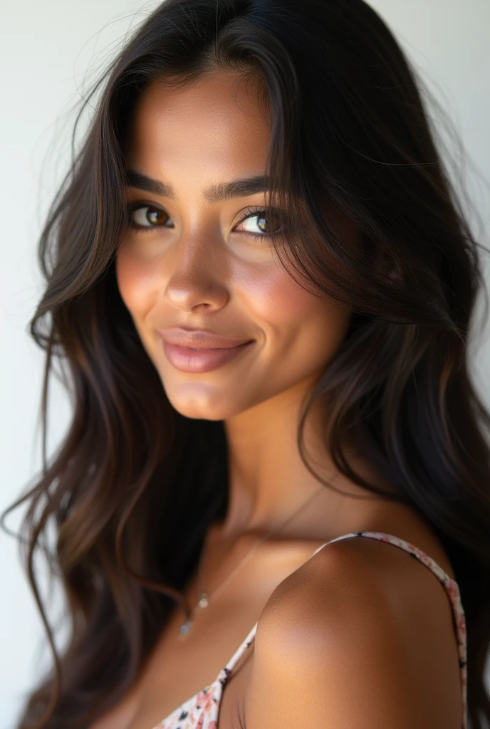 Realistic portrait of a beautiful 1 girl with Latin features, Lightly tanned white skin with a beautiful tan tone, Brown eyes, long dark hair. beautiful girl model body. regular well formed tits, detailed facial features. ultra realism, maximum resolution, masterpiece. extremely detailed skin, professional photography. white background in professional studio, Professional lighting that highlights the details, pores and skin textures.