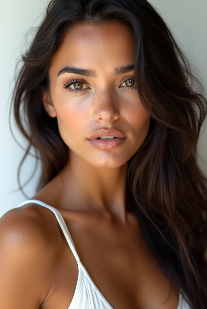 Realistic portrait of a beautiful 1 girl with Latin features, Lightly tanned white skin with a beautiful tan tone, Brown eyes, long dark hair. beautiful girl model body. regular well formed tits, detailed facial features. ultra realism, maximum resolution, masterpiece. extremely detailed skin, professional photography. white background in professional studio, Professional lighting that highlights the details, pores and skin textures. 