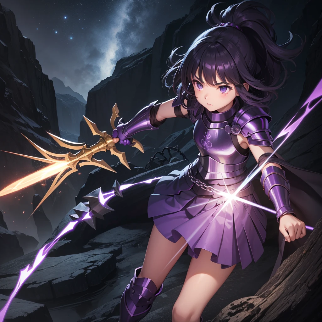 最high quality、high quality、Simple Cloth Armor、１０Year-old girl adventurer、Equipped with a weapon that has a short chain at the end of a stick and a spiked iron ball at the end of the chain、In a dark maze、Light purple armor