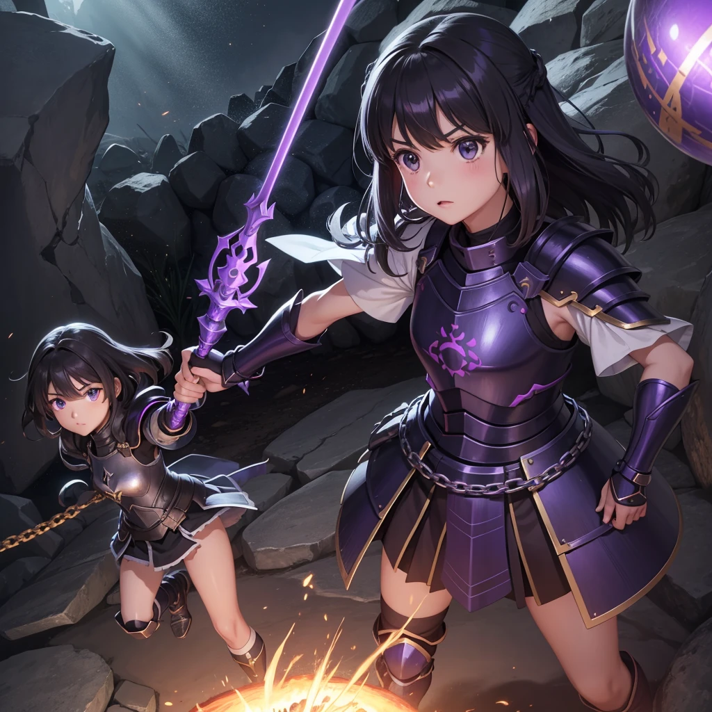最high quality、high quality、Simple Cloth Armor、１０Year-old girl adventurer、Equipped with a weapon that has a short chain at the end of a stick and a spiked iron ball at the end of the chain、In a dark maze、Light purple armor