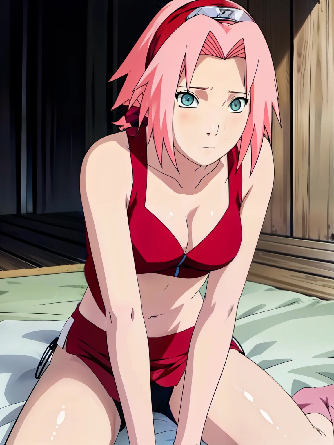 Sakura lying on a bed showing her beautiful female body sexy body wearing bra wearing panties embarrassed face expression.