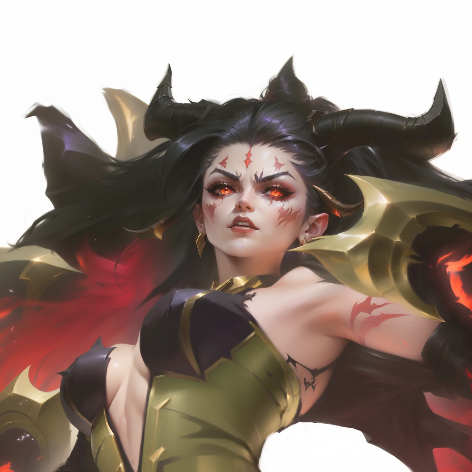 Female demon with horns，Wings open, Scary angry pose,Threatening Posture, , Character portrait concept art, Character Art Close-up，League of Legends avatar，Diablo concept art