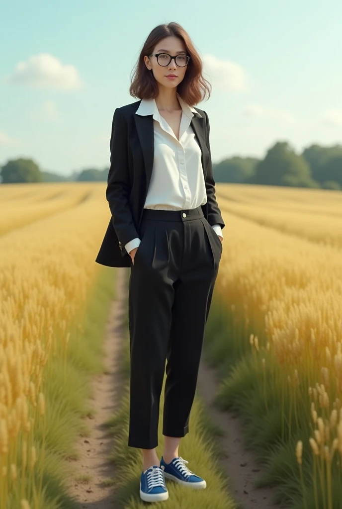 Create a photo of a person standing on a field and with 1.60 tall with light brown eyes white skin with a slightly round face with hair combed down with almost brown color and with a black and white outfit with blue shoes 20 years old female ultra realistic With glasses curly hair with adult appearance with dress