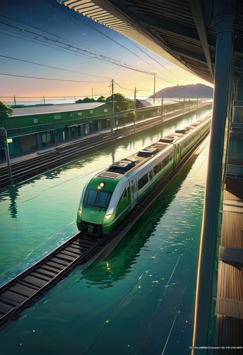 score_9, score_8_upper, score_7_upper,Train running on water,(((Side Angle))),Angle from a distance,Minakami Station,(((green))),summer,horizontal line,Morning Glow,Starry Sky,Streaks of Light,(masterpiece, Highest quality, Highest quality, Official Art, beautifull, beautiful:1.2,Ray Tracing),Very detailed,greenの色調,Very detailed,  Most detailed, High resolution, Impressive visuals, Vibrant colors ,Detailed Images