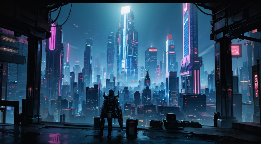 Cyberpunk city at night seen from afar