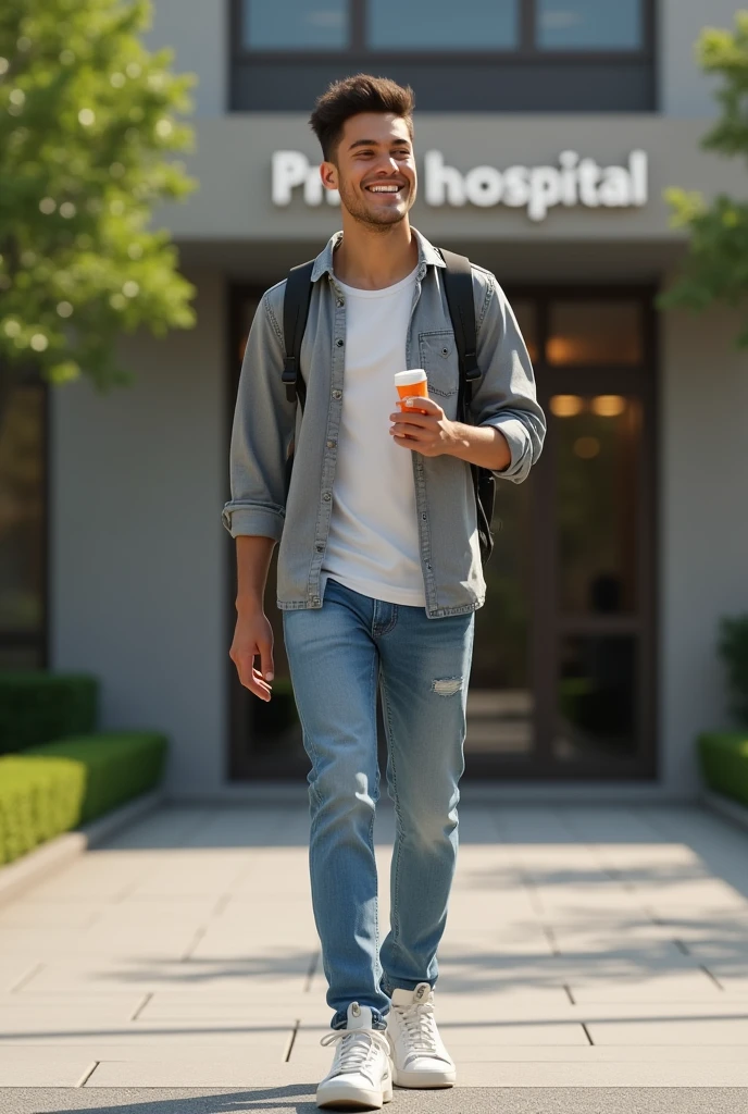 A cheerful young college boy is walking out of a private hospital, looking down at the medicine in his hand.
