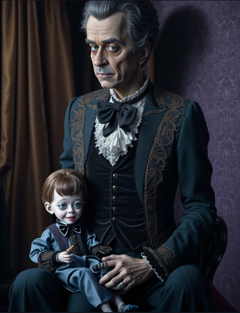 A cinematic photorealistic color digital painting of an Transylvanian ventriloquist with his eerie doll at the dressing room waiting the show, detailed face, insanely detailed and intricate, crisp sharp and clear, volumetric lighting, ultra-high resolution, masterpiece hyper realistic artwork of Herge, insanely detailed and intricate, centered, cinematic aesthetic lighting art by Tim Burton  trending on Artstation. 