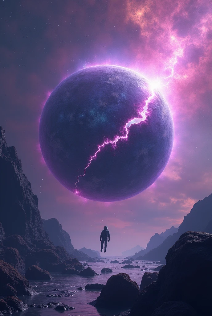 Planet with shades of purple, and part of it is destroyed and half fragmented, and he is in space