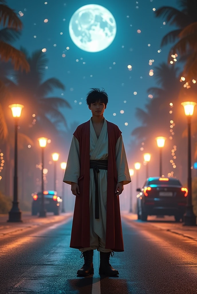 a young man shorty black messy haircut, wear classical costume, long pant costume, wear boots shoes, standing on middle road of the city, natural,sweetly smile, at night, lighting lamp, moonlight, starlight, sci-fi, fantasy, future background, fire sparks, future cars, cinematic, award winning photography, real hyper realistic, real human japanese, UHD 8k, detailed photo, perfect face, detailed places, landscape, full body, photo was taken from a long distance in the future world